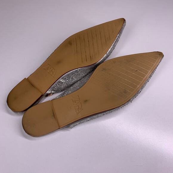 ZARA Metallic‎ Silver Rhinestone Embellished Pointed Toe Mule Flats Size 36 - Picture 8 of 11